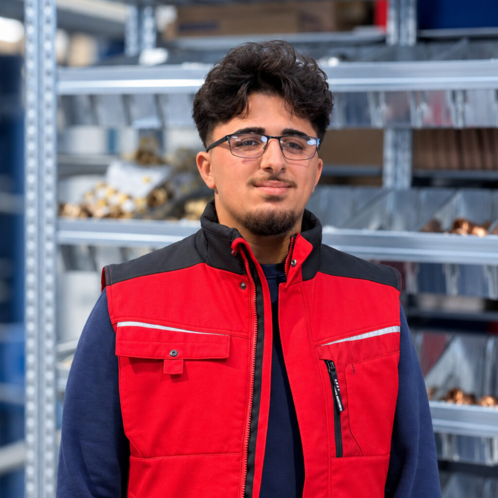 Hitham Faras, Auszubildender bei Clausen Haustechnik, in roter Arbeitsweste vor einem Materialregal im Lager.